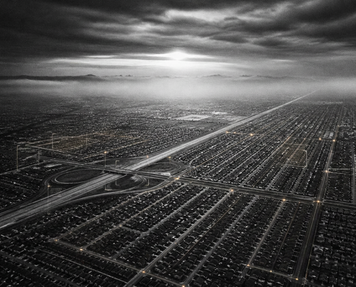 Aerial view of an endless grid of suburban rooftops and highways under a clearing storm, overlaid with a faint machine-intelligence data mesh